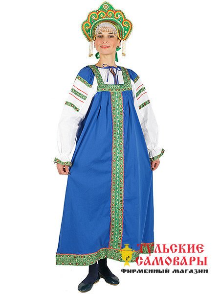 Русский народный костюм "Забава" женский льняной синий сарафан и блузка XS-L фото 1 — Samovars.ru
