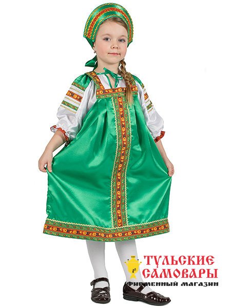 Русский народный костюм "Василиса" детский зеленый атласный сарафан и блузка 7-12 лет фото 1 — Samovars.ru