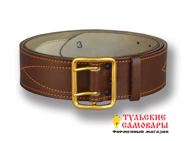 Ремень офицерский из натуральной кожи коричневый, латунная пряжка фото 1 — Samovars.ru