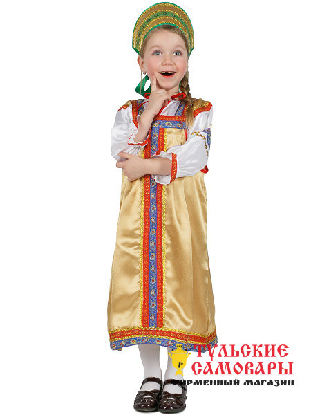 Русский народный костюм "Василиса" детский золотистый атласный сарафан и блузка 7-12 лет фото 1 — Samovars.ru