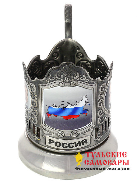 Никелированный подстаканник с термопечатью "Россия" Кольчугино фото 1 — Samovars.ru