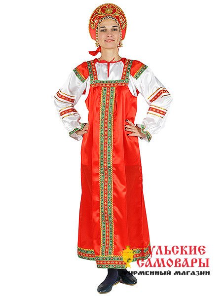 Русский народный костюм "Василиса" женский атласный красный сарафан и блузка XL-XXXL фото 1 — Samovars.ru