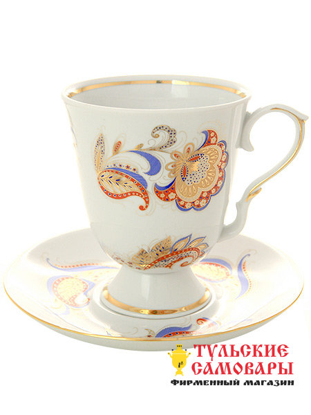 Фарфоровый бокал с блюдцем форма "Классический" рисунок "Перо Жар-птицы" Дулево фото 1 — Samovars.ru