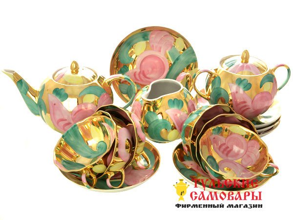 Дулевский чайный сервиз форма "Тюльпан" рисунок "Розовая птица" 6/15 фото 1 — Samovars.ru