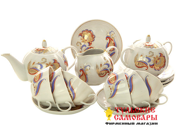 Дулевский чайный сервиз форма "Тюльпан" рисунок "Перо Жар-птицы" 6/15 фото 1 — Samovars.ru